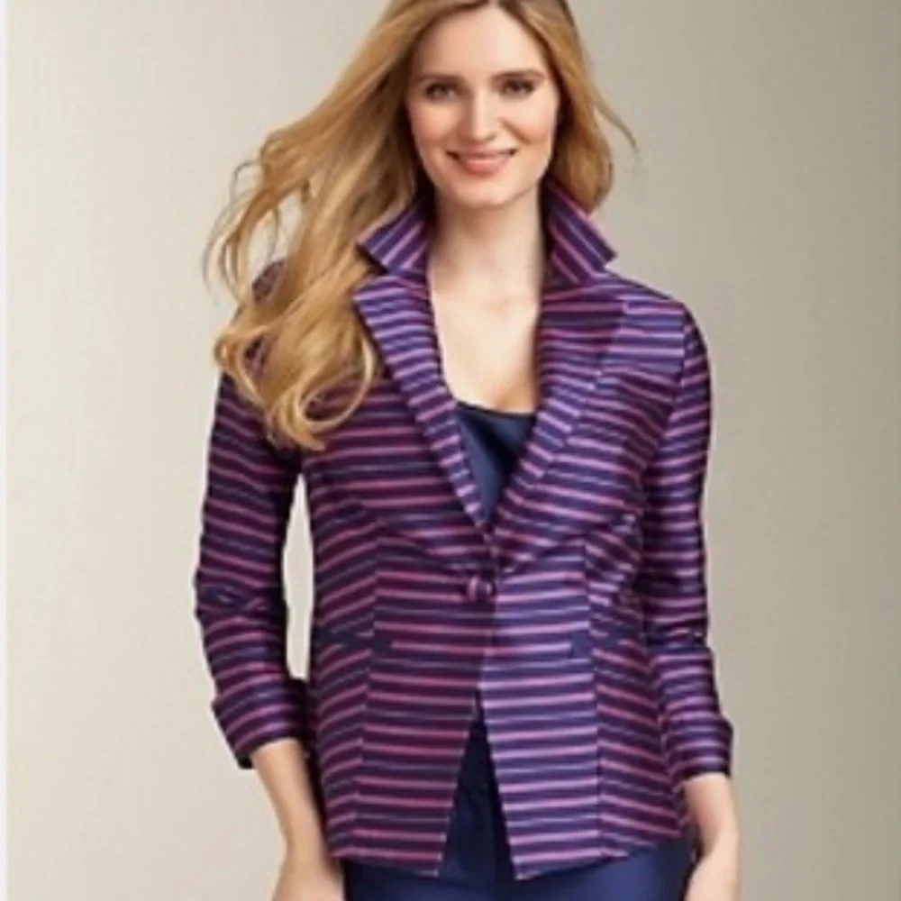 Talbots Grace Fit Pink Navy  Stripe Doupioni Silk Blend Blazer